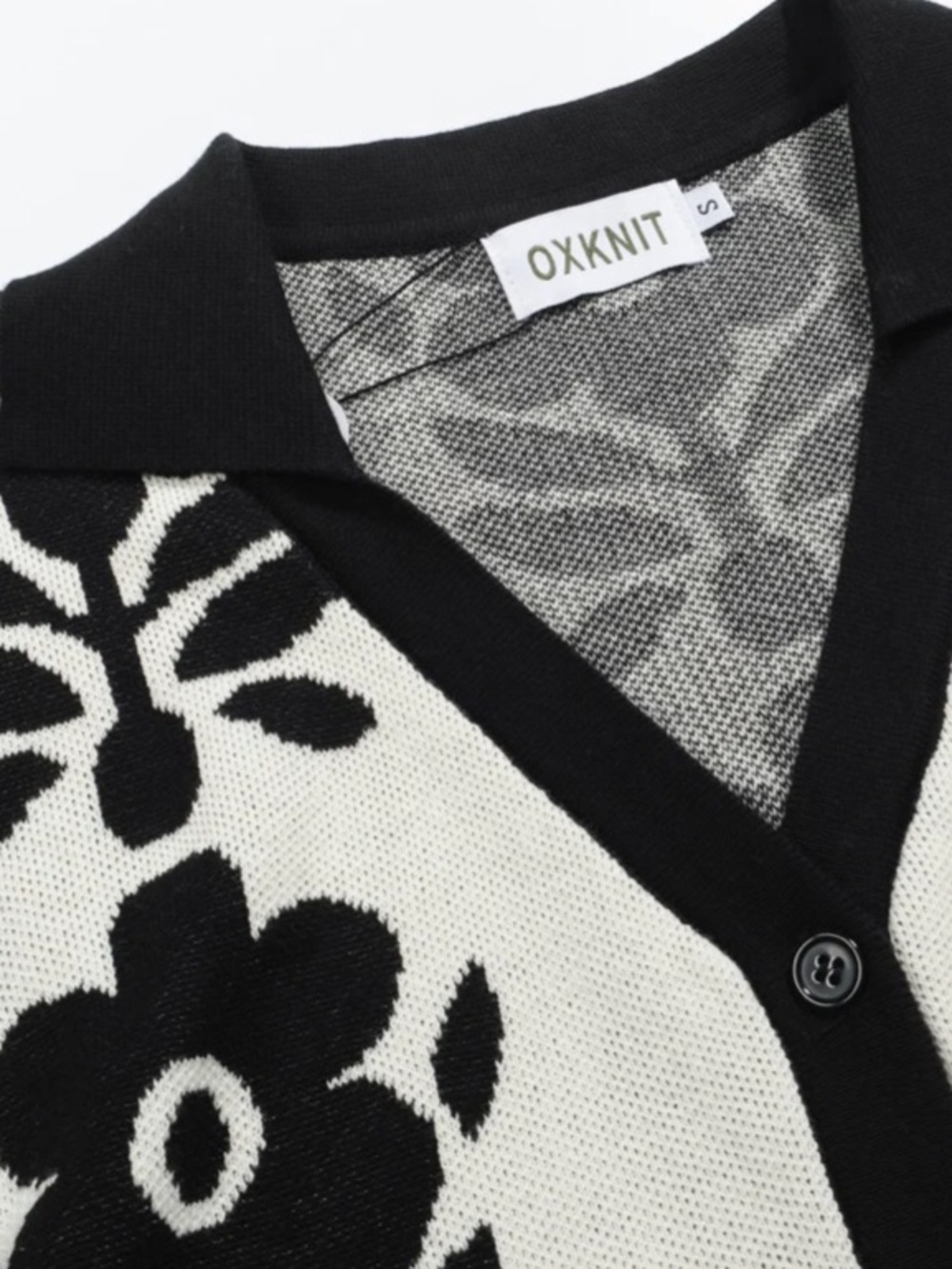 OXKNIT Women's Black & White Floral Short-Sleeve Jacquard Cardigan - Picture 3 of 5